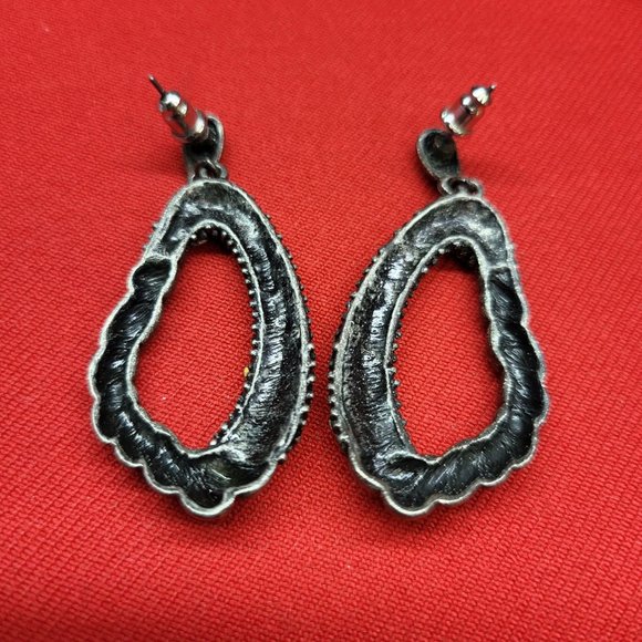 Drop Dangle Earring Pewter Silver with Pink Rhinestones - Picture 5 of 12